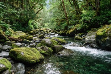 Forest Stream Through Lush Mossy Rocks