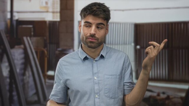 Hispanic man in blue shirt flicks finger amid scaffolding inside building with neutral expression; apathy.