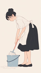 掃除をしている女性キャラクターのイラスト。日常の一コマを丁寧に切り取った温かみのある描写で、生活感や清潔感を感じさせる美しい作品。