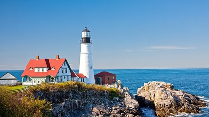 Maine Rocky Coastline with White Lighthouse and Red Roof Buildings, Scenic New England Seascape