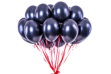 Group of dark balloons with star pattern and red ribbons