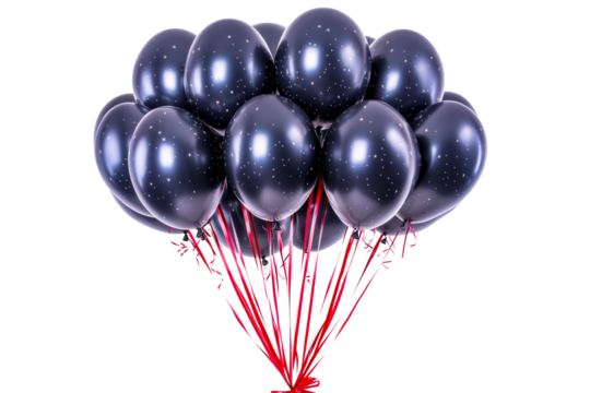 Group of dark balloons with star pattern and red ribbons