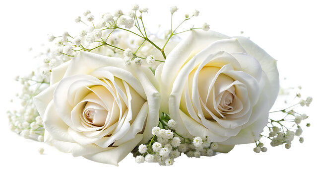 pair of white roses with  breath isolated on white background PNG , AI GENERATED 