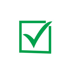Green check mark inside a square box on a white background