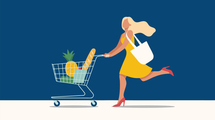 Woman Running with Shopping Cart Filled with Pineapple and Baguette Illustration