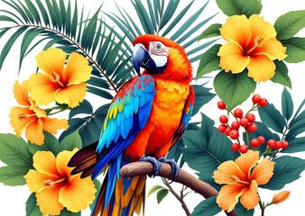 Obraz premium Vibrant macaw parrot perched amongst yellow hibiscus flowers and lush tropical foliage Isolated on transparent background.
