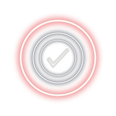 Glowing neon check mark inside circular rings on white background