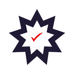 Eight pointed star symbol with red check mark inside