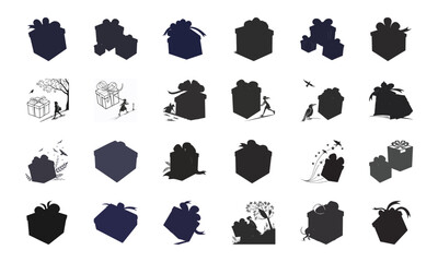 Set of Gift Box and Present Icon Silhouettes with People, Ribbons, Balloons, and Decorative Designs in Vector Style

