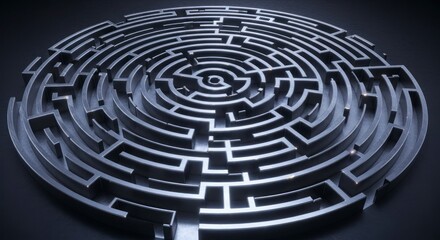 Intricate Metallic Maze: A 3D Render of a Circular Labyrinth with Subtle Lighting