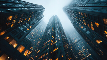 Worm's Eye View of Skyscrapers Disappearing into Foggy Sky in a Modern Urban Landscape