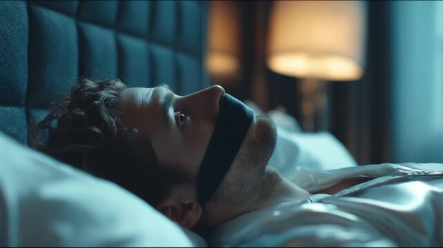 Sealed Silence in the Dim Light: A man lies on a bed with his mouth taped shut, illuminated in the dimness of a room, evoking a sense of mystery and confinement.