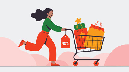 Woman Running with Shopping Cart Full of Bags with 40% Discount Tag