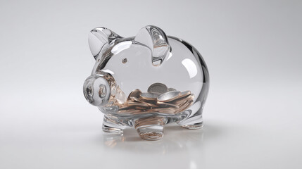 Transparent Piggy Bank, A minimalist 3D rendering of a transparent glass piggy bank, showing the coins accumulating inside. Isolated on a light gray background. 3d illustration.