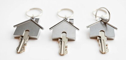 Three silver house keys close-up on bright white background,   new home,  home security