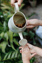 Child watering plants from a watering can.Washing hands.Green garden, greenhouse