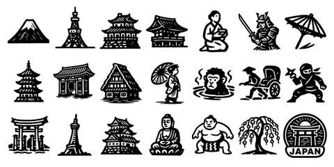 日本文化と風景のモノクロデザインセット 、Black and White Design Set of Japanese Culture and Scenery 