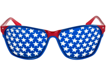 Patriotic star-covered sunglasses with red frames on white
