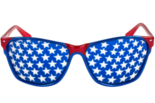 Patriotic star-covered sunglasses with red frames on white