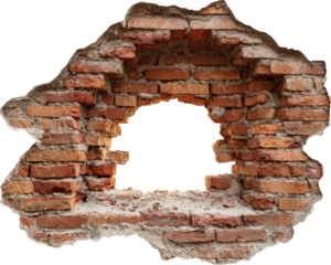 Old broken red brick wall hole with rustic, grunge, derelict feeling