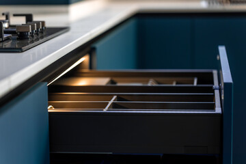 Pull out cutlery organizer. LED drawer lighting. Blue minimal kitchen
