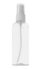transparent plastic bottle with dispenser on white background in isolation