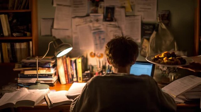 Solitary Pursuit: A student engrossed in his studies, illuminated by the warm glow of a desk lamp amidst a chaotic yet inspiring workspace, conveying the focus and dedication required for learning.