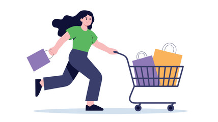 Woman Running with Shopping Cart Full of Bags After Retail Sale Event