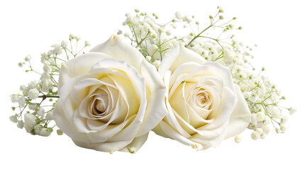 Obraz premium pair of white roses with breath isolated on white background PNG , AI GENERATED 