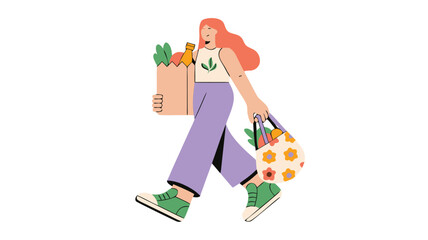 Woman Carries Groceries in Paper and Floral Tote Bags Illustration