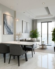 Modern apartment dining and living area, bright and airy