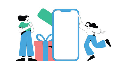 Woman Beside Gift Box and Phone Screen, Another Woman Beside Blank Phone