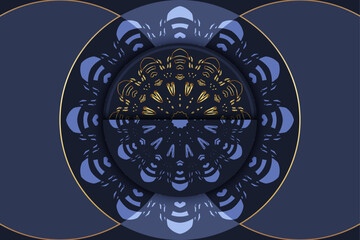 Blue and gold mandala with large central concentric circles and star patterns surrounded by smaller symmetrical designs on dark background
