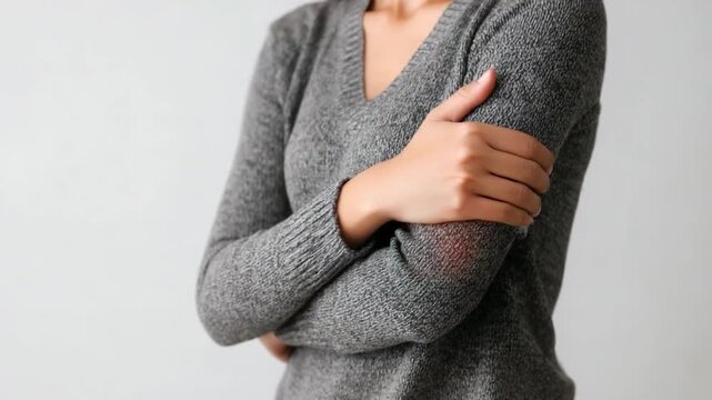 Embracing Serenity: A Woman in a soft grey sweater serenely crosses her arms, exuding a sense of peaceful self-comfort and introspection. This image showcases a moment of quietude.