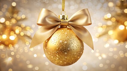 A closeup of a golden christmas ball ornament with a bow hanging in front of a blurred background with christmas tree and bokeh lights