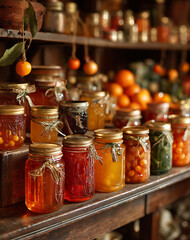 Assortment of Homemade Jams and Preserves in Glass Jars on Rustic Wooden Shelf
