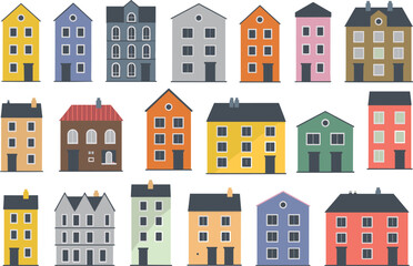 Set of colorful 3-4 story apartment buildings, urban houses, residential city architecture, flat design vector, modern townhouse illustration.