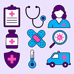 Medical-themed icon set including doctor, stethoscope, and pills.