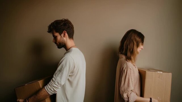 Couple standing back to back with moving boxes, slowly walking away from each other, symbolizing breakup, disagreement, or separation during relocation