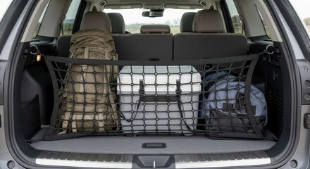 Cargo Net in SUV Trunk with Backpacks and Cooler