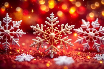 Fototapeta premium Elegant christmas snowflakes on red glitter background with bokeh lights, perfect for holiday season celebration and new year greeting card design