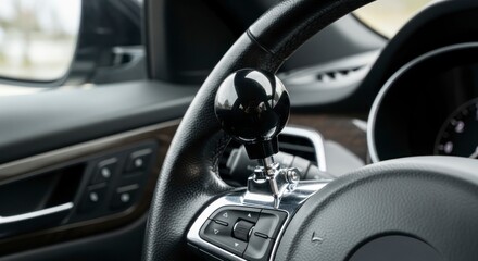 Glossy Black Spinner Knob on Car Steering Wheel, Chrome Mount