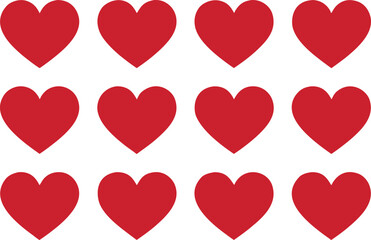 Twelve Symmetrical Red Hearts Arranged in Three Rows on a White Background Valentine's Day