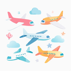 Naklejka premium Watercolor set background illustration of a cute cartoon and fancy sky scene complete with airplanes