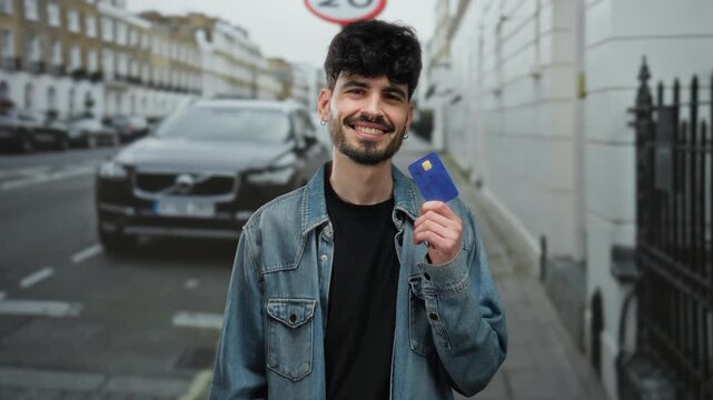 Young man smiling with credit card in urban street setting, wearing denim jacket, standing in front of parked car, showcasing modern financial convenience outdoors.