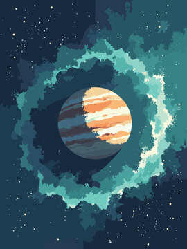 Jupiter &ndash; Polar cyclones mosaic with auroral curtains, palette: teal, pearl, storm gray, black