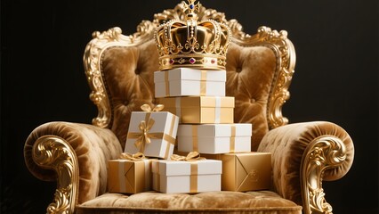 Luxurious Gold Crown and Gift Boxes on Elegant Vintage Armchair