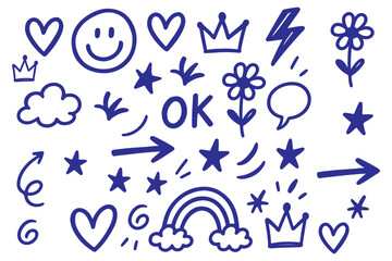 Smile brush hand drawn vector element set. Emoji fun face, heart, crown symbol crayon texture marker background kid sketch style hand drawn element. Color smiley face, arrow. Vector illustration