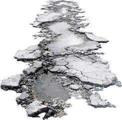 Long cracked asphalt road with potholes and damage expressing decay