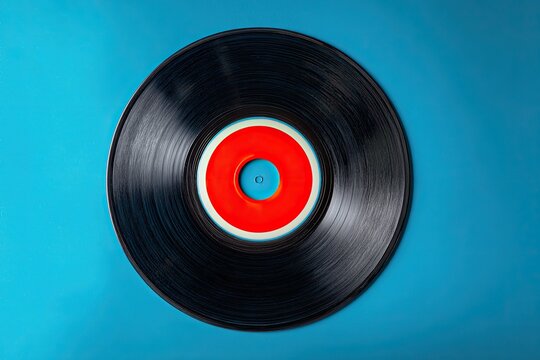 Flatlay of a vinyl record on a bright blue background.  Circular black vinyl record with a bright orange/red center ring and pale blue/white band.  Top down view